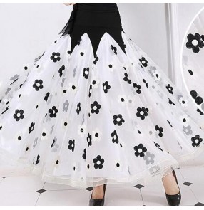 White black patchwork flowers polka dot full big skirted swing fish bone hem women's ladies female long length standard competition professional performance waltz tango ballroom dance dancing skirts 